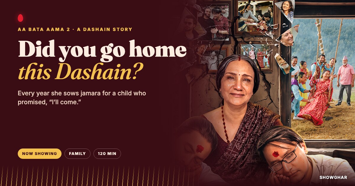 Aa Bata Aama 2 story card: the mother from the poster with her two sons, and the question "Did you go home this Dashain?"